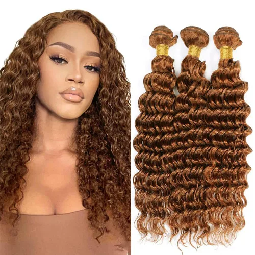 Vista 108 de P4613 Cabello humano rizado onda profunda marrón y paquetes mixtos 8 10 12 P4613 Ombre Marrón-Rubio-DP
