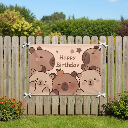 Vista 6 de Capybara - Telón de fondo de cumpleaños de 6 x 3.6 pies – Cartel grande de poliéster divertido para decoración de fiesta con ojales de metal y cinta