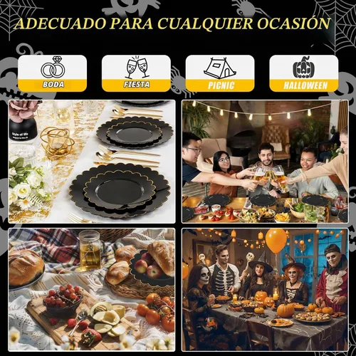 Vista 5 de SUT 72 platos negros, platos de plástico negro con borde dorado, platos desechables resistentes, platos llanos de plástico de 10.25 pulgadas, platos