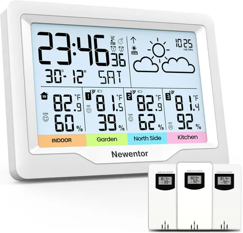 Vista 8 de Newentor Estación meteorológica inalámbrica para interiores y exteriores, múltiples sensores, termómetro digital de reloj atómico, monitor de Negro