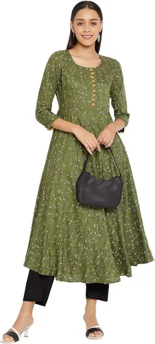 Vista 6 de Tissu Kurta 2101 estampado floral de rayón verde y negro para mujer