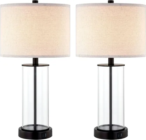 Vista 8 de Juego de 2 lámparas de mesa de cristal transparente de 23 pulgadas con puertos USB y salida de corriente alterna, bombillas de lámpara de mesa