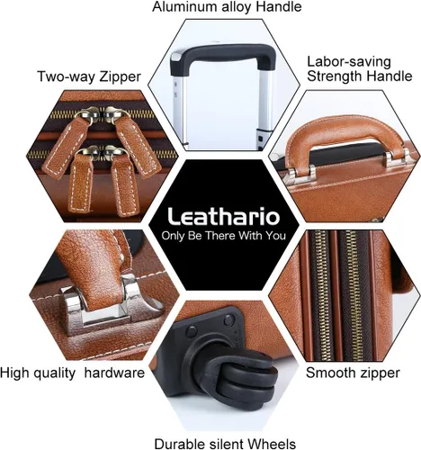 Vista 6 de Leathario Maleta con ruedas de cuero para laptop, maletín con ruedas, Marrón, XL