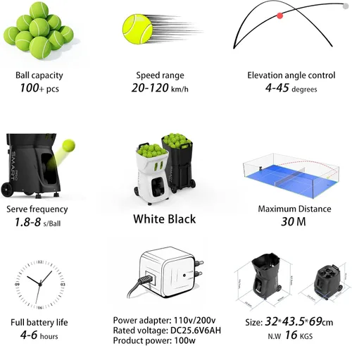 Vista 3 de PT-SMARTPro - Máquina de pelota de pádel, lanzador de bolas inteligente con control de aplicación, programación de 20 puntos, 12 modos de servicio