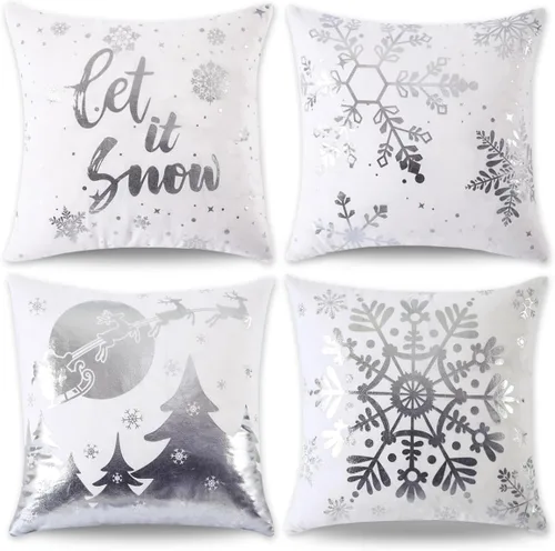 Vista 13 de JOJOGOGO Fundas de almohada de Navidad en blanco y negro 18x18, juego de 4, fundas de almohada decorativas de invierno con copos de nieve para sofá