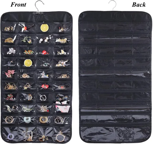 Vista 8 de Cemueo Organizador de joyas colgante, bolsa de almacenamiento de cadena de joyería de doble cara con 80 bolsillos, 2 capas de tela, organizador