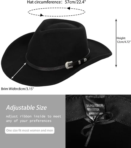 Vista 5 de Sombreros clásicos de vaquero occidental para mujer y hombre, diseño de banda de diamantes, sombrero de Rodeo Fedora-Jazz con cinturón, color negro