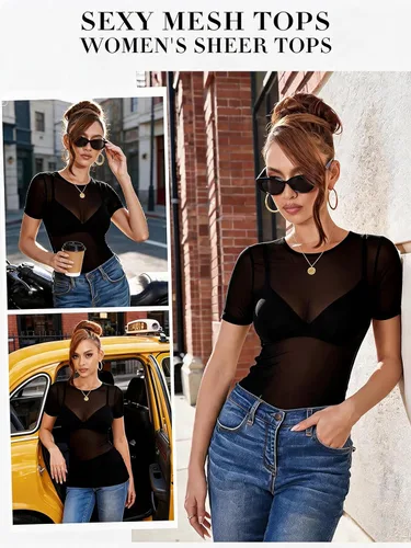Vista 3 de Blusa de malla de manga corta, sexy, transparente, entallada Negro