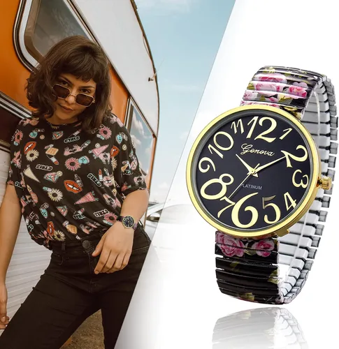 Vista 7 de Avaner Reloj de pulsera con correa elástica, reloj analógico de cuarzo con números grandes, reloj de pulsera impreso para mujer