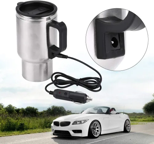Vista 3 de Hervidor eléctrico para coche, 12 V, 15.2 fl oz, eléctrico en el coche, taza de calefacción de acero inoxidable, taza de café, té, taza de coche