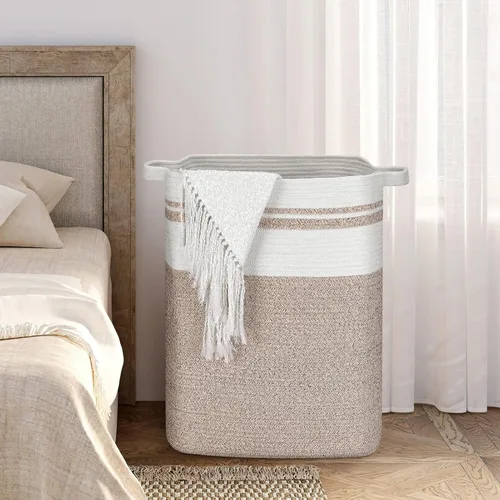 Vista 33 de DOFASAYI Cesta de lavandería grande de 72 litros con asas de cuero, cesta de almacenamiento decorativa para mantas, cesta de ropa para sala