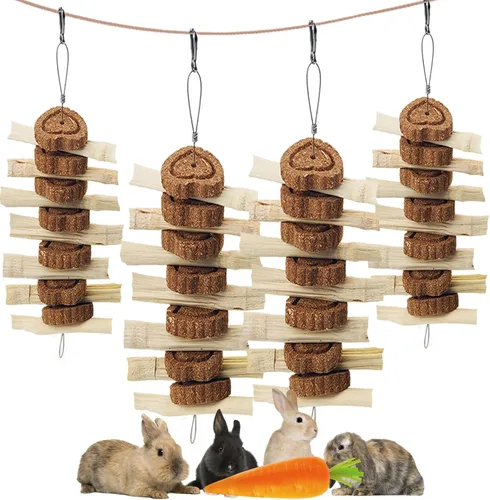 Vista 8 de 4 juguetes masticables de conejo para rechinar dientes, deliciosos juguetes masticables colgantes en jaula de conejo, palitos masticables de bambú