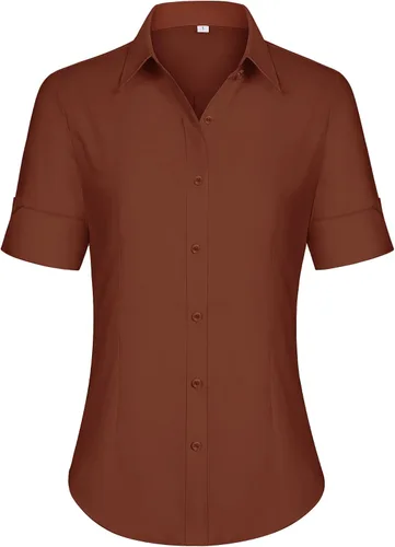 Vista 29 de siliteelon Camisas de vestir de manga corta con botones para mujer, camisas de algodón con botones para mujer, blusa ajustada de manga 3/4