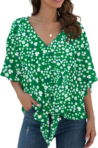 Vista 35 de VIISHOW Womens Tie Front Chiffon Blouses V Neck Batwing Short Sleeve Summer Tops Shirts Albaricoque