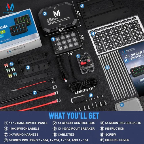 Vista 7 de MICTUNING Panel de interruptor de 12 cuadrillas P1S-B12 azul de alta potencia de 6 niveles de brillo de palanca/encendido/apagado momentáneo, caja