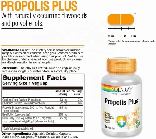 Vista 2 de SOLARAY Suplemento de propóleo Plus, píldoras de polen de abeja, 90