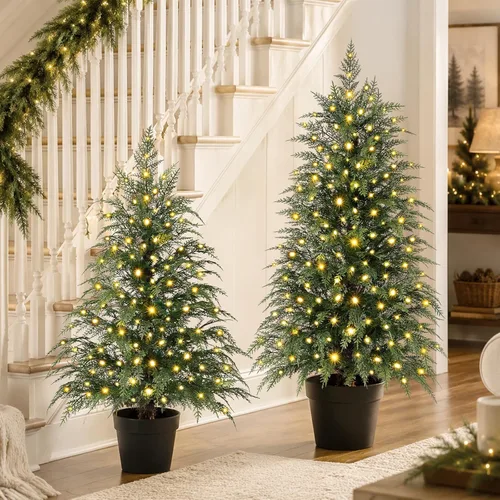 Vista 6 de Árbol de Navidad con luces de 2 pies, 3 pies y 4 pies, juego de 3 árboles de Navidad de cedro preiluminados, mini árbol de Navidad artificial