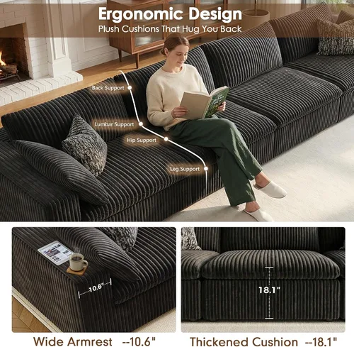 Vista 8 de 118" Cloud Couch Oversized Modular Sectional Sofa, Boneless L-Shaped 6 Seater Deep Seat Couch with Ottoman, Soft Corduroy Upholstery, DIY Negro