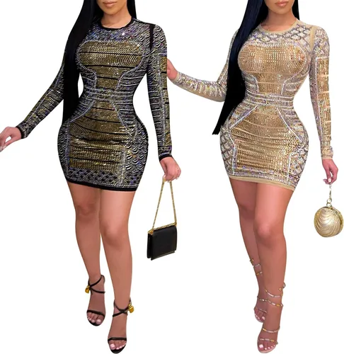 Vista 4 de PORRCEY - Vestido de noche sexy con manga larga y diamantes de imitación para mujer, fiestas y discotecas