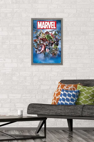 Vista 2 de Trends International Marvel Comics - Póster de pared de tiro grupal, 14.725 x 22.375 pulgadas, versión enmarcada de madera de granero