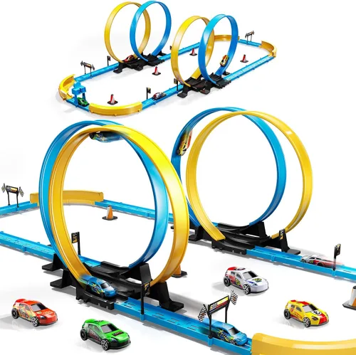 Vista 6 de Conjunto de Pista de Carreras de Coches LILYBUDS para Niños, Niños de 3-5 4-7 años, Pistas de Carreras con 4 Zonas de Choque y Coches de Ranura