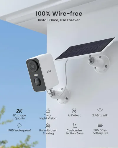 Vista 2 de ieGeek Cámaras de seguridad solares inalámbricas para exteriores con panel solar, cámara inalámbrica WiFi 2K para seguridad en el hogar con visión