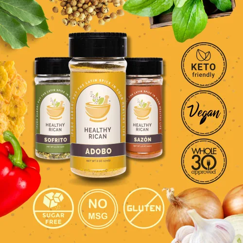 Vista 5 de Healthy Rican Adobo Sazón Sofrito Condimento y Hierbas Mixto en Polvo Sin OMG Sin Conservantes Sin MSG Sin Colorantes Artificiales Sin Gluten Apto