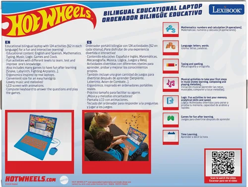 Vista 9 de Lexibook Hot Wheels, portátil educativo y bilingüe en inglés/español, juguete para niños con 124 actividades para aprender, jugar juegos y música