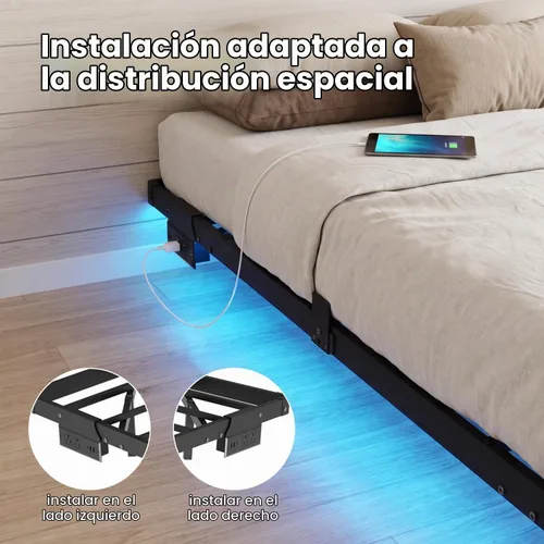 Vista 7 de Liians Marco de cama flotante moderno de tamaño completo con luces LED inteligentes, estación de carga USB, plataforma de metal resistente,