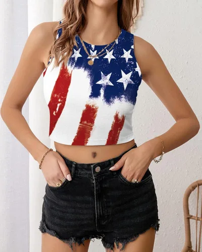 Vista 3 de Camiseta corta con bandera estadounidense para mujer, patriótica de Estados Unidos, para el 4 de julio, sexy, expuesta, suave, para verano, sin