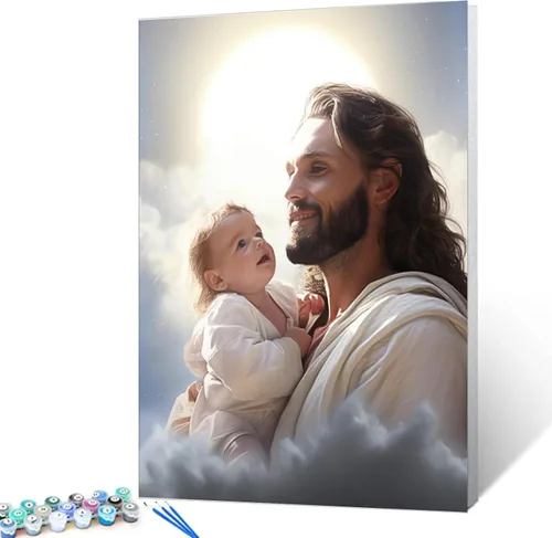 Vista 17 de Everyone Gathered Around Jesus - Pintura por números para adultos, principiantes, niños, kit de pintura al óleo sobre lienzo con pinceles, pigmento