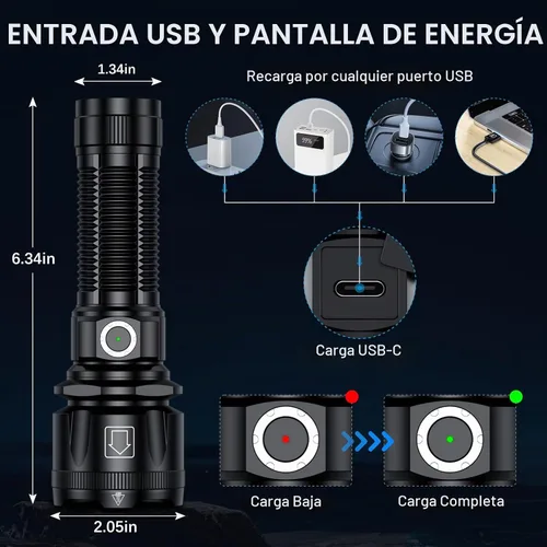 Vista 3 de Linternas de alto lúmenes, 1800.000 lúmenes, linterna recargable súper brillante con 5 modos de luz, zoomable, IP67 impermeable, linterna LED