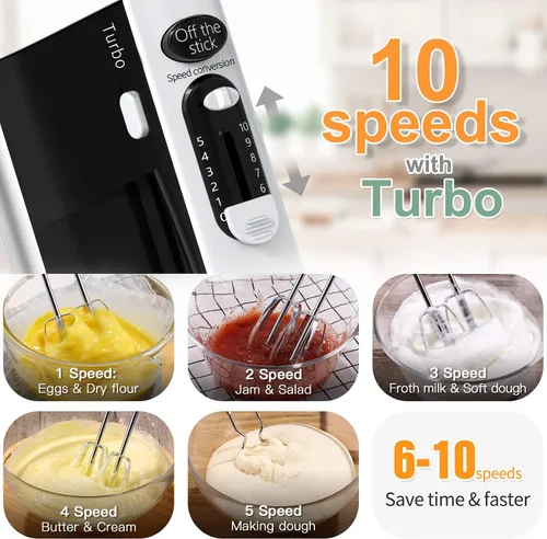 Vista 3 de Mezclador de mano eléctrico de 600 W, 10 velocidades, potente con mezclador de mano Turbo para hornear torta cocina mezclador con batidores, batir