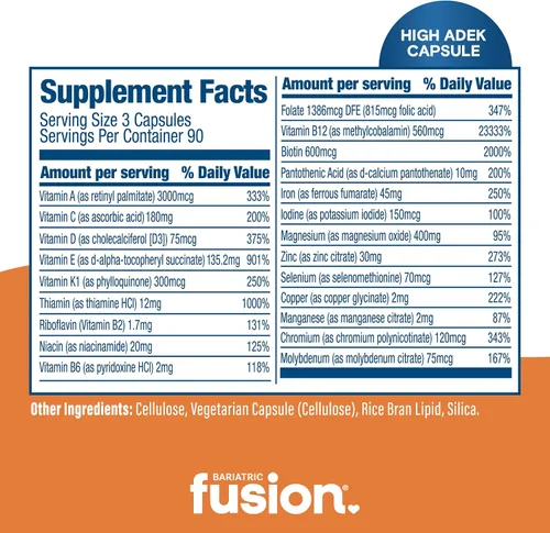 Vista 4 de Bariatric Fusion Cápsula multivitamínica alta ADEK con hierro de 45 mg Multi para pacientes con cirugía de interruptor duodenal Vitamina fácil