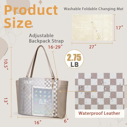 Vista 6 de miss fong Bolso de pañales de cuero con diseño a cuadros, mochila grande para mamá, bolsa hospitalaria de gran capacidad, 12 bolsillos, bolso