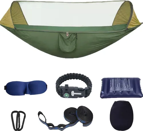 Vista 6 de Hamaca de camping con mosquitera – Hamaca portátil de viaje – Equipo de camping – Tienda de campaña para senderismo al aire libre, campamento, Verde