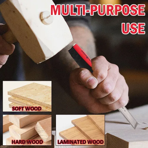 Vista 3 de Vivicreate Juego de 4 cinceles de madera para carpintería CR-V, cinceles de madera de borde biselado de acero con tapas de golpeo, cubiertas