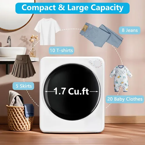 Vista 5 de Secadora de ropa portátil de 1.7 pies cúbicos, 5 modos de secado y perilla de control 800W Front Load Compact Laundry Dryer Machine with Stainless