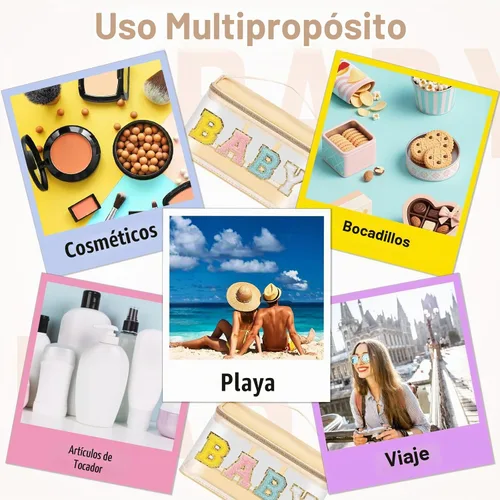 Vista 7 de izuzta Bolsas de maquillaje transparentes con letras de chenilla, bolsa de maquillaje de parche preppy con asa