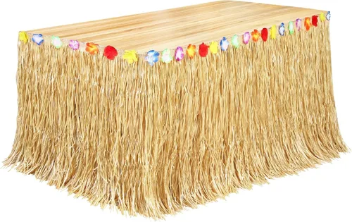 Vista 10 de Fovths Luau - Falda de mesa de hierba natural de 9 pies x 29.5 pulgadas, falda de mesa hawaiana para decoraciones de fiesta hawaiana tropical, Verde