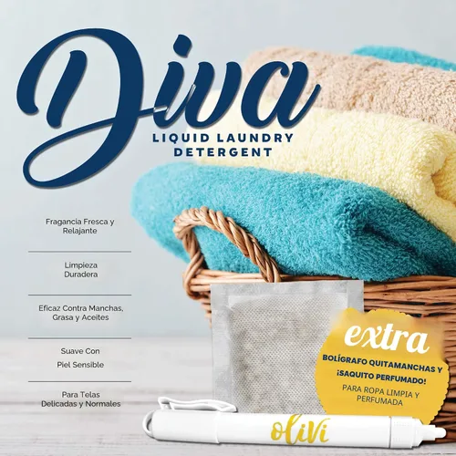 Vista 2 de Detergente para lavandería Tyler DIVA Glamorous Wash - 1 galón - Con lápiz quitamanchas Olivi - Bolsa perfumada fresca - Detergente para lavar