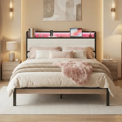 Vista 10 de LIKIMIO - Base de cama Queen con cabecero, luces LED y estación de carga Gris carbón