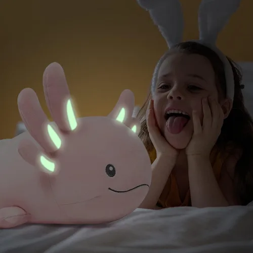 Vista 6 de Niuniu Daddy Peluche de ajolote rosa de 20 pulgadas, luminoso, realista, lindo peluche para niñas y niños, regalos de cumpleaños que brillan