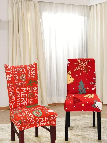 Vista 6 de Juego de 4 fundas protectoras para sillas de comedor navideñas, elásticas, extraíbles y lavables, fundas protectoras para sillas de comedor, fundas