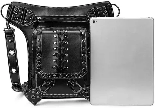 Vista 6 de Steampunk - Riñonera de piel gótica con diseño de calavera, bandolera cruzada con hombros y muslos y caderas, para mujeres y hombres, WP-BG065BK