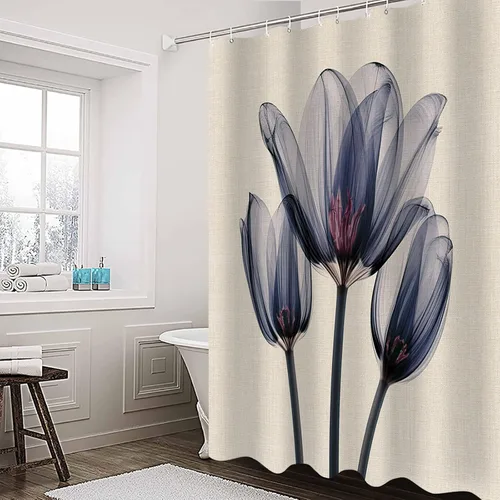 Vista 4 de Cortina de ducha, diseño abstracto transparente de tulipán, de algodón y lino con textura de tulipán, juego de cortina de ducha impermeable con 12