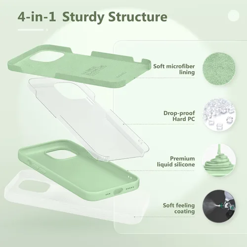 Vista 3 de GONEZ Funda para iPhone 15, funda de silicona líquida con [1 protector de pantalla + 1 protector de lente de cámara], forro de microfibra suave Verde