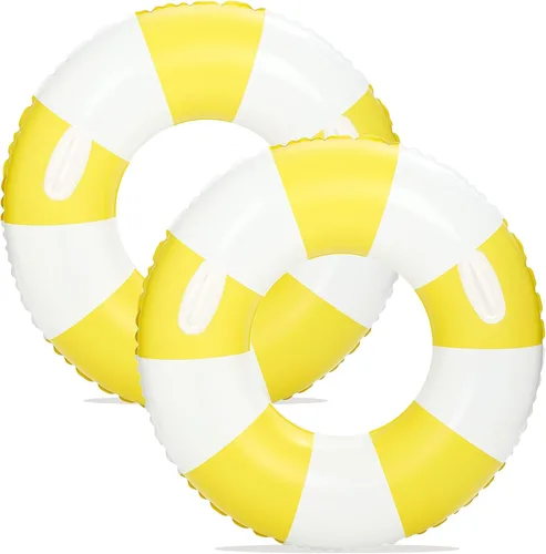 Vista 20 de Flotadores inflables de piscina para adultos, paquete de 2 flotadores a rayas, tubos de piscina, anillos de natación con asas, flotador inflable