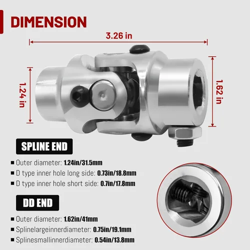 Vista 5 de 3/4-36 Spline X 3/4" DD Universal U Joint Endxedo Chrome Single Dirección Eje U-Joint 35° Grado Ángulo de trabajo máximo