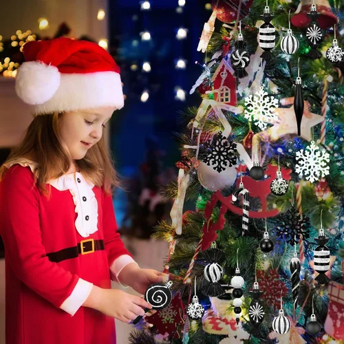 Vista 5 de 120 Piezas Adornos para Árbol de Navidad en Blanco y Negro Bola de Navidad Copo de Nieve Colgantes Adornos de Dulces Remolino Adorno de Piruleta